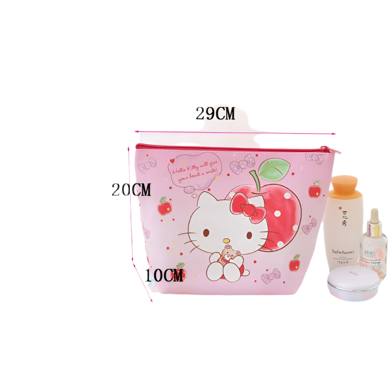 Hemasa Hello Kitty Make Up Case  Leather Zipper Travel Storage Bag Cartoon Large Capacity Cosmetic Bag Makeup Organizer