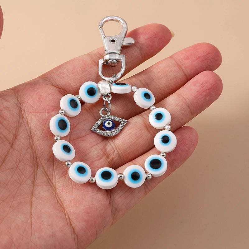 Aihua Colorful Round Evil Eyes Beaded Keychain For Couple Lover Boho Turkish Lucky Blue Eye Key Ring Bag Phone Lanyard