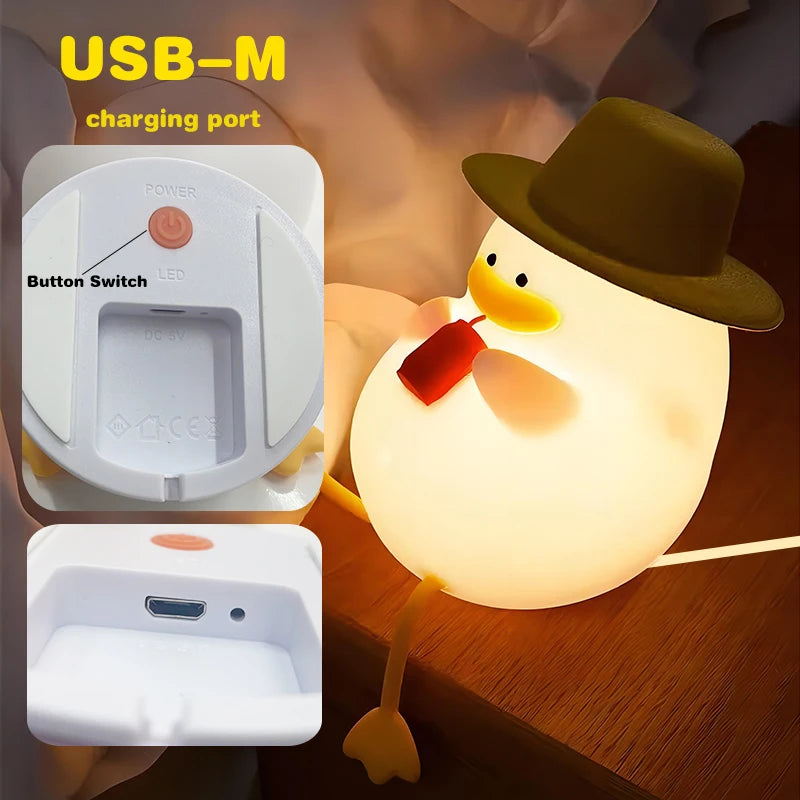 Duck Rechargeable LED Night Light Pat Silicone Lamp Bedside Cartoon Cute Children Nightlights for Home Room Decor Birthday Gift