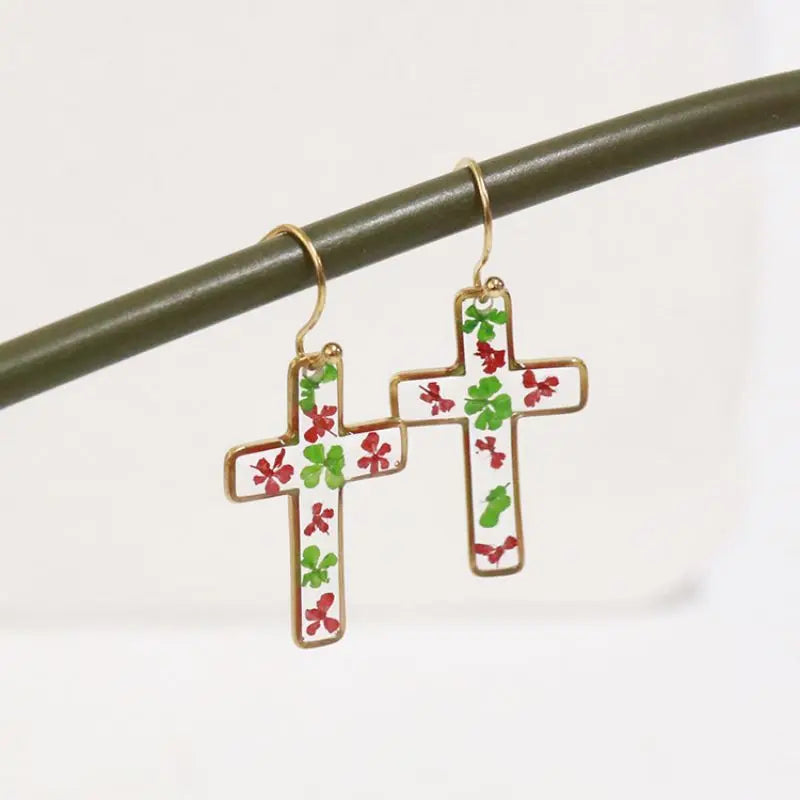 Unique Cross Earring With Flower Handmaking Epoxy Resin Pressed Flower Earring Natural Flower Statement Earring Jewelry 2024 New