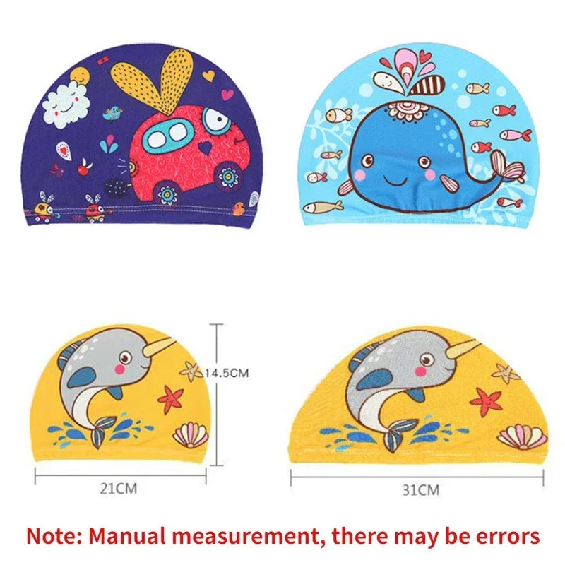Hemasa Swimming Cap for Children Elastic Fabric Cute Cartoon for Long Hair Lovely Kids Protect Ears Swim Pool Hat for Boys Girls Swim