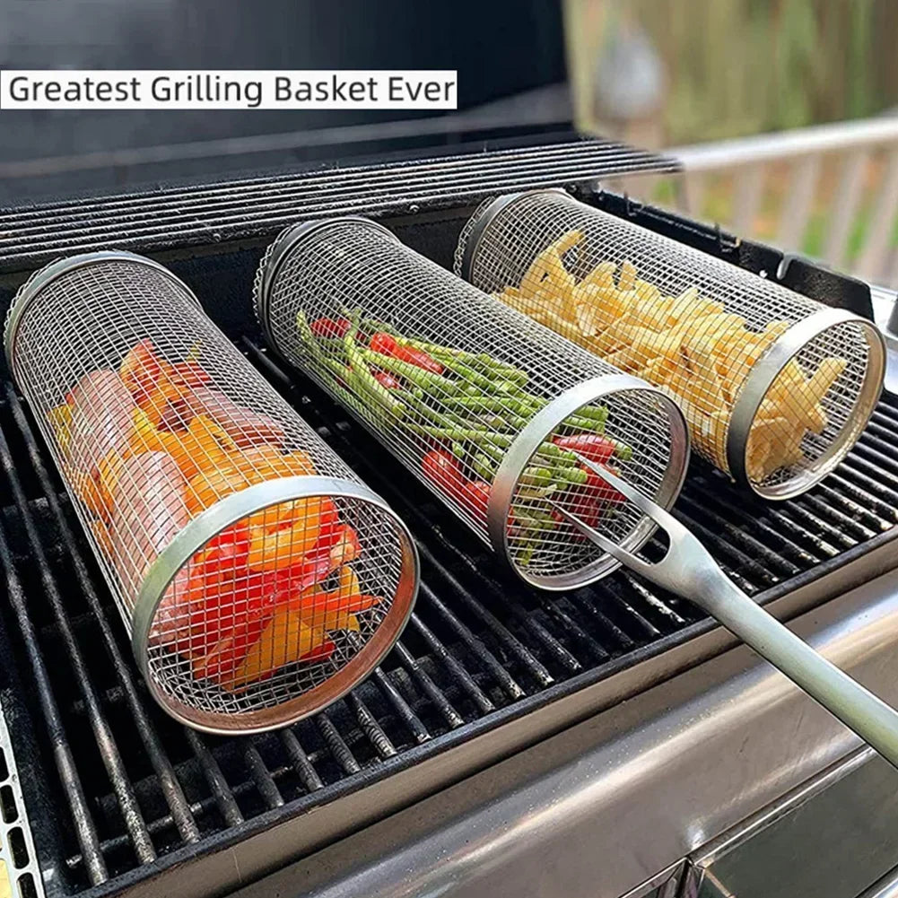 Tejesa BBQ Basket Stainless Steel Rolling Grilling Basket Wire Mesh Cylinder Cylindrical Portable Round Outdoor Camping Barbecue Rack
