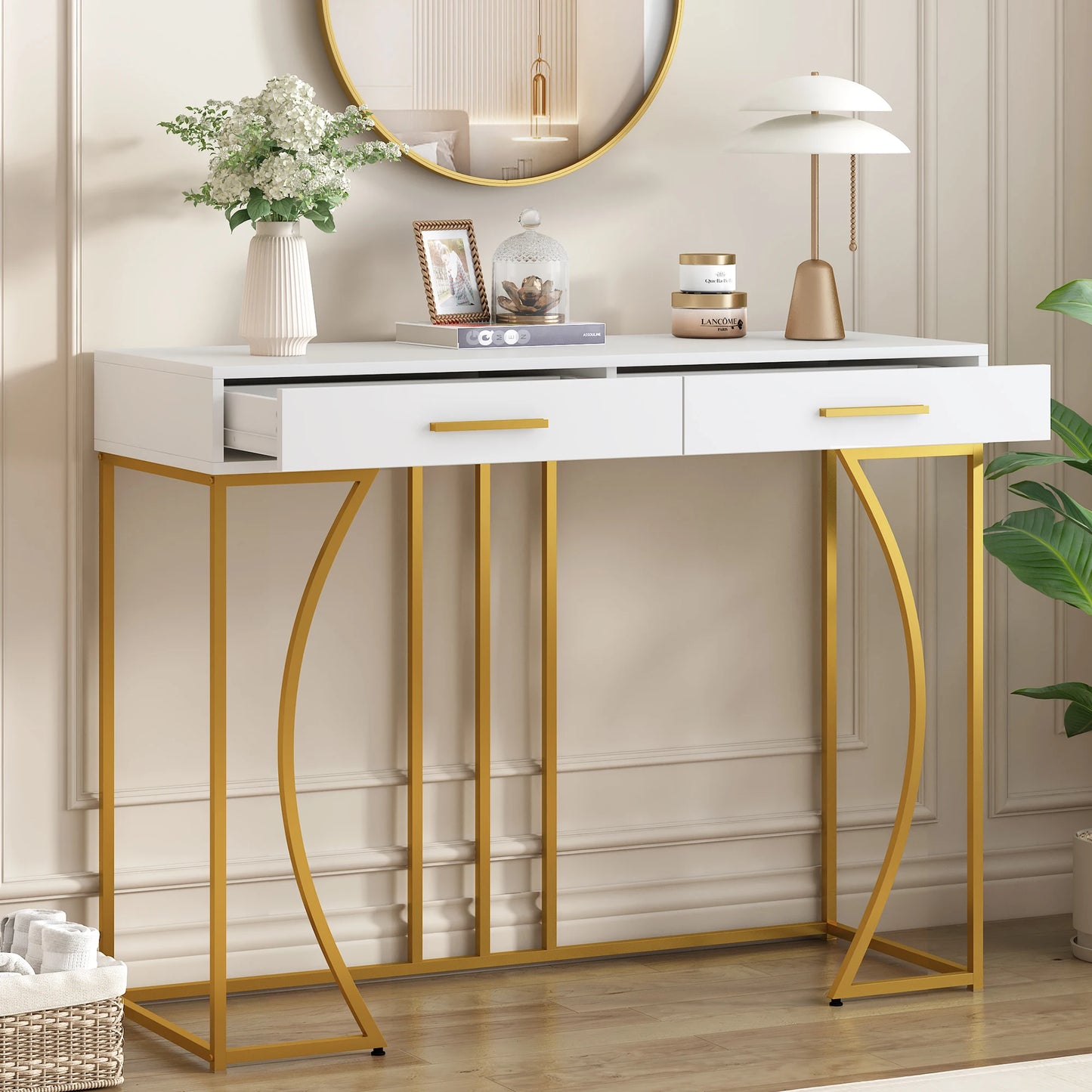 Hemasa Elegant Console Table with 2 Drawers and Metal Frame, White and Gold Finish Lightweight  Side Table for Hallway or Sofa