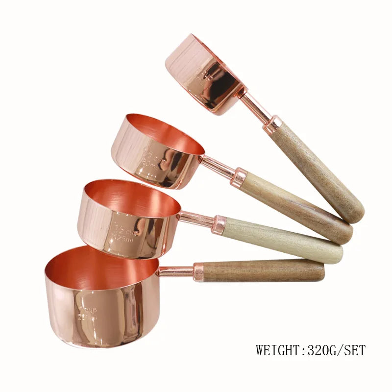 Heamasa Baking measuring cup  wooden handle rose gold measuring spoon 4-piece set 8-piece measuring spoon set