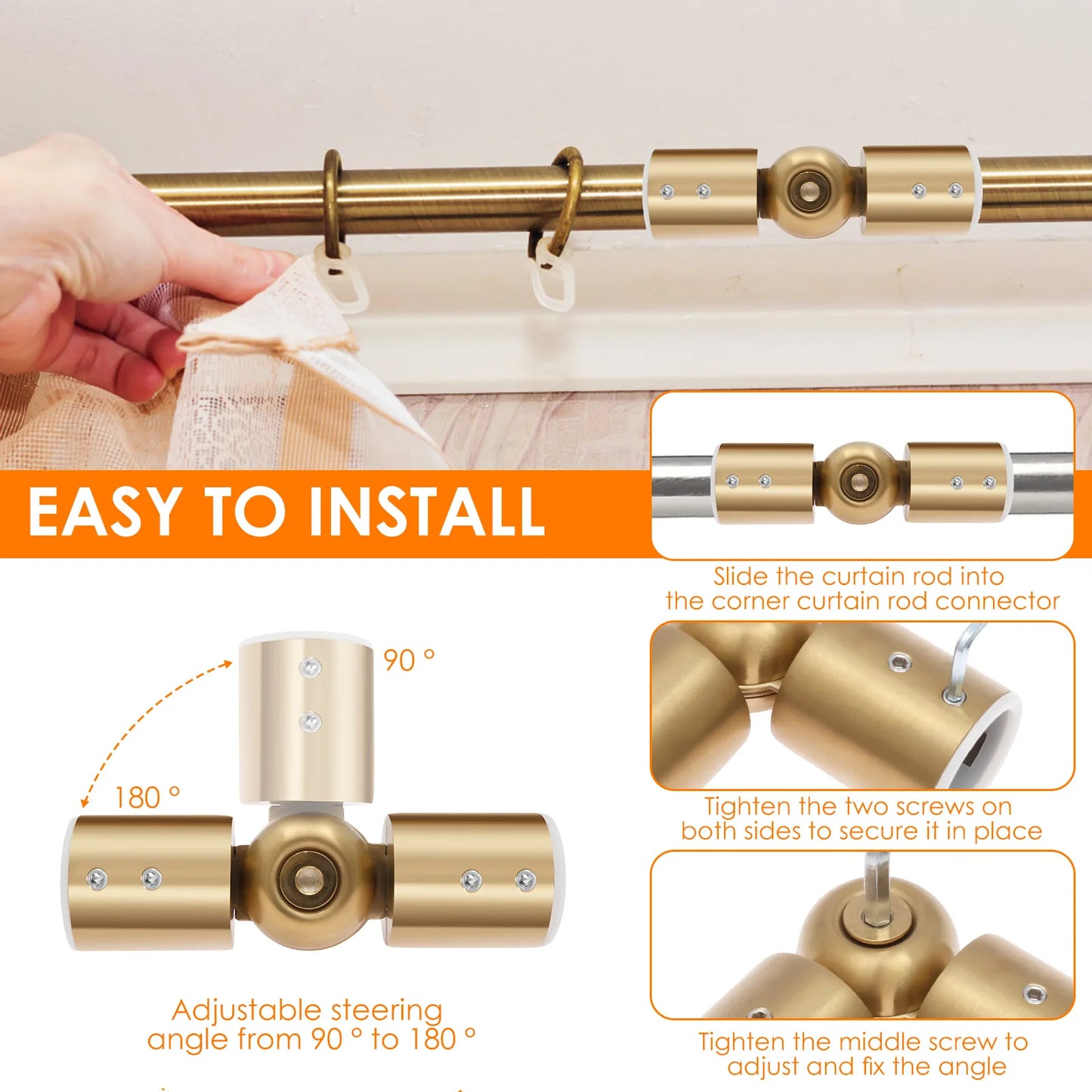 2Pcs Curtain Rod Corner Connector 90° to 180° Adjustable Angle Hinged Elbow Curtain Rod Connector 1Inch Window Curtain Connector