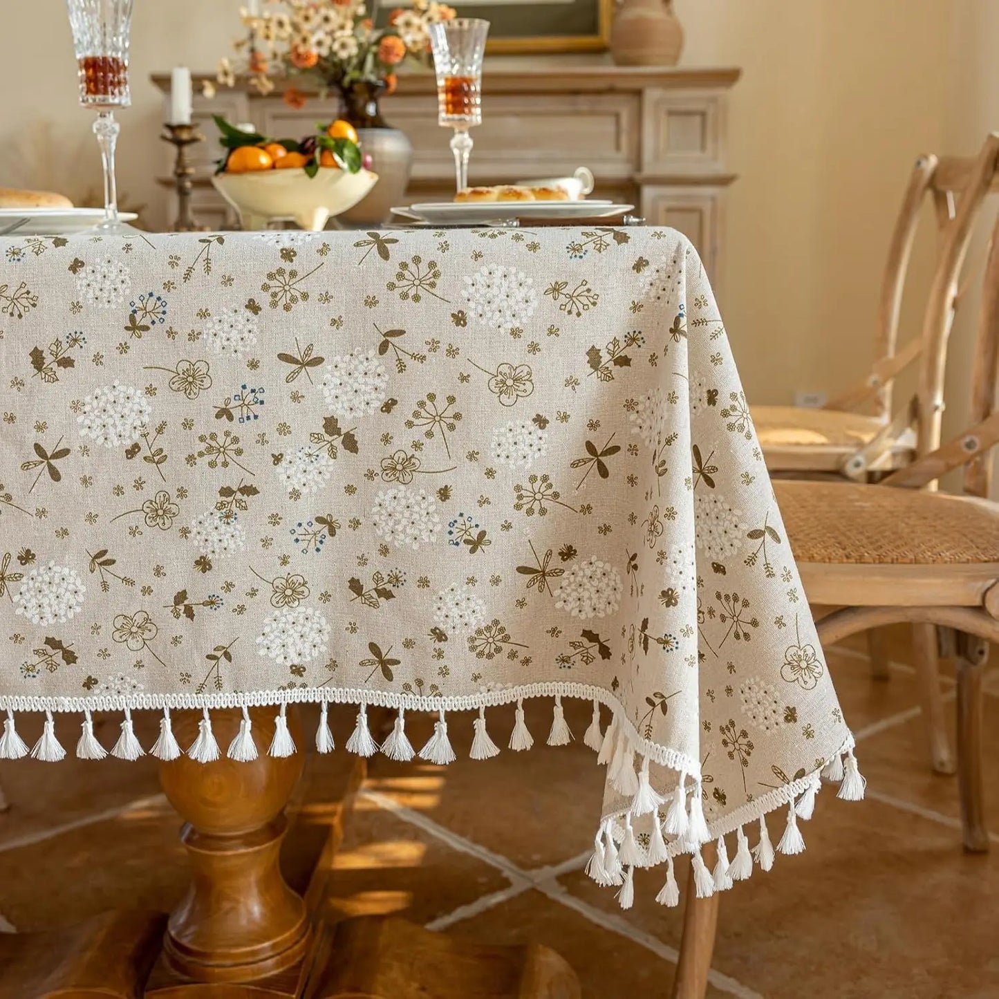 Tejesa Square Cotton Linen Tablecloth with Stitching Tassels Washable Fabric Table Cover for Christmas Dining Kitchen Tea Party