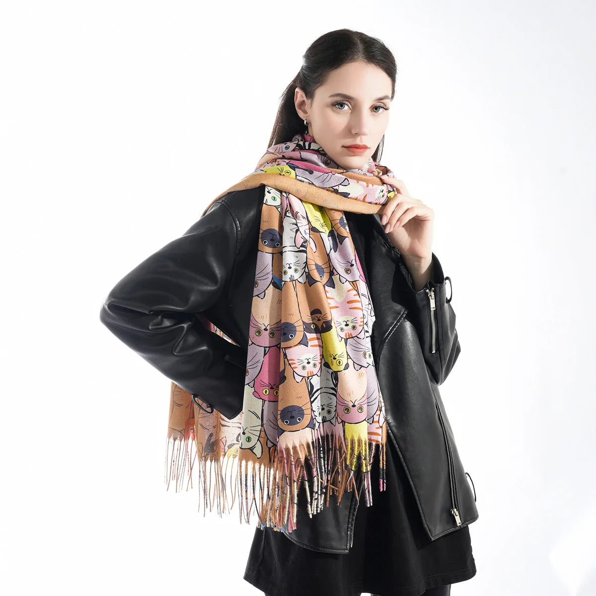 Hot selling fashion imitation cashmere animal cartoon cat oil painting style digital printing soft and warm tassel women's scarf