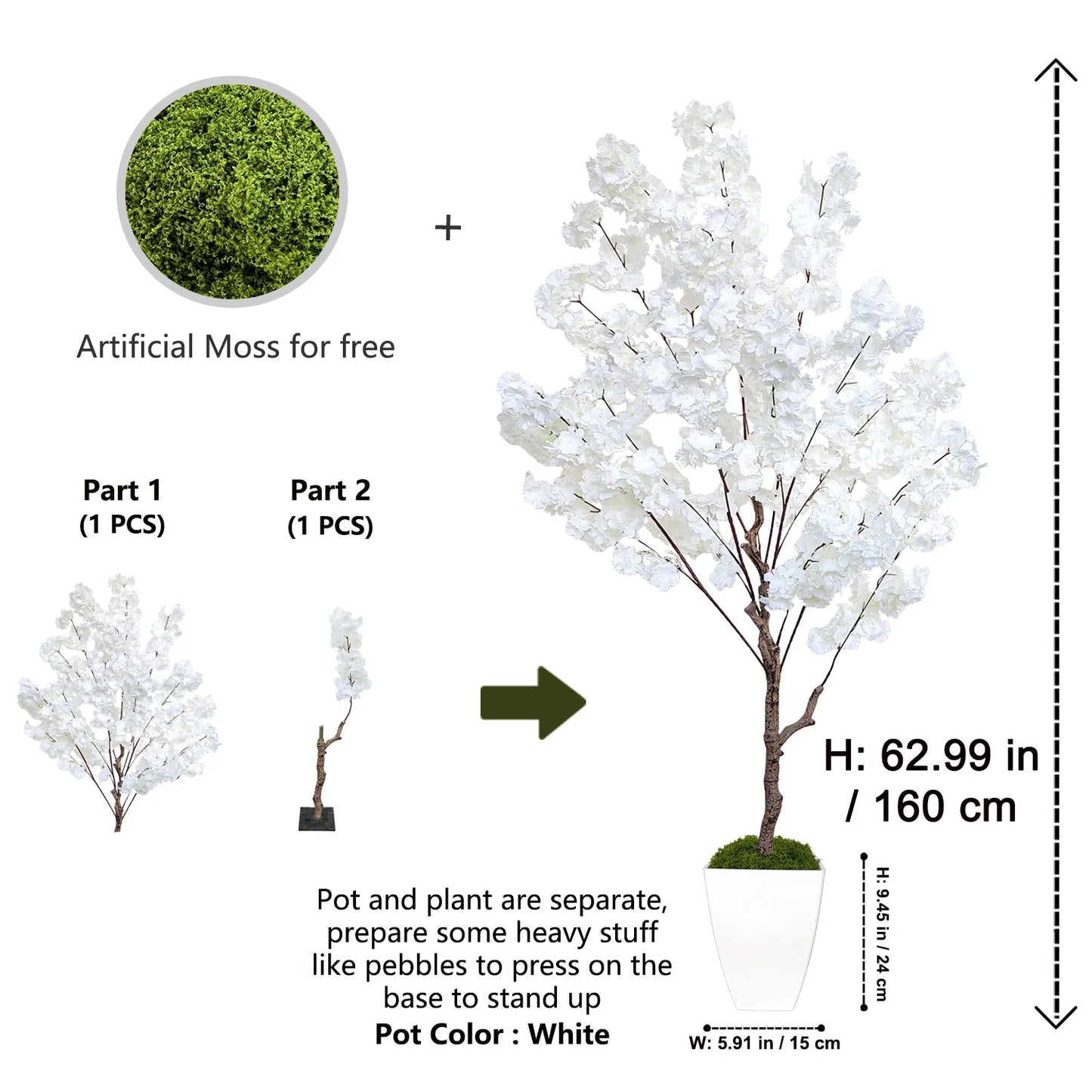 160-210cm New White Cherry Blossom Artificial Plant Fake Decorative Plant for Indoor Outdoor for Home Garden room Wedding Party