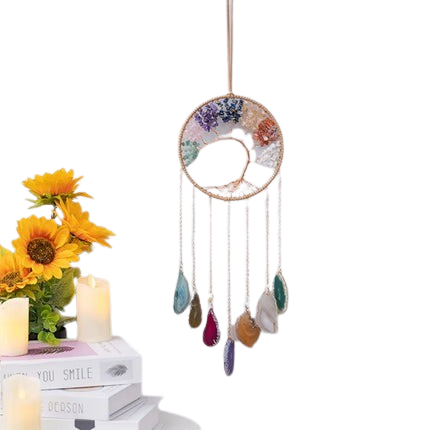 Hemasa Crystal Natural Gemstone Tree of Life Healing Pink Quartz 7 Chakras Grave Agate Stones Reiki Moon Suncatcher Hanging Home Decor