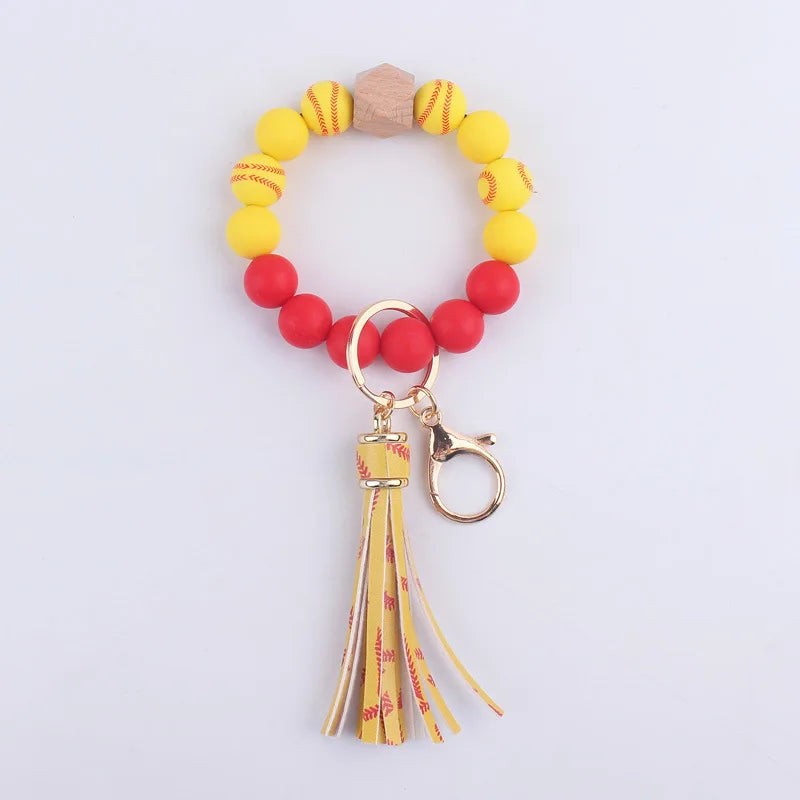 Food Grade Silicone Round Beaded Keychain Fashion Women Wristlet Bracelet Keyring For Anti-Loss Lobster Clasp Keychain Jewelry