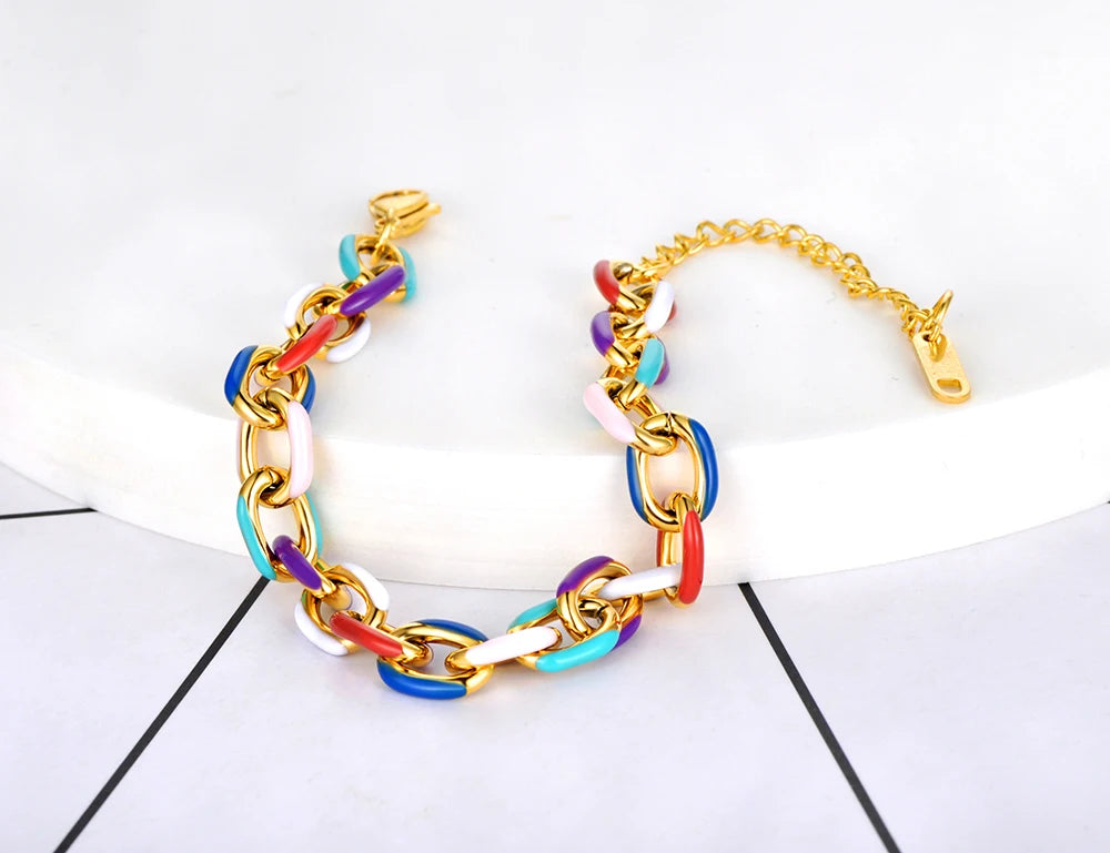 Hemasa Stainless Steel Chain & Link Bracelet Trendy 18k Gold Plated Colorful Glazed Charm Bracelet For Women JB22038