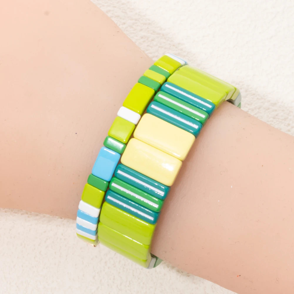Tejesa Green Blue Color Enamel Boho Beaded Stretchable Bracelet for girls/women