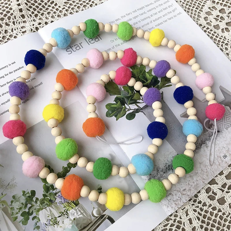 Scandinavian Wood Beads Pompom Ball Garland Wall Hanging String Ornaments Kids Girl Bedroom Nursery Room Baby Shower Decorations