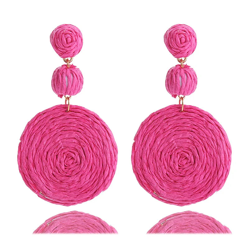 Summer Beach Bohemia Round Raffia Earrings For Women Boho Handmade Rattan Weave Drop Dangle Earrings Holiday Style