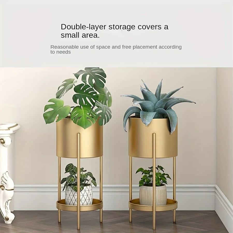 Modern Golden Double-Layer Flower Stand, Nordic Style Iron Plant Holder for Indoor & Balcony Decor, Round Metal Shelf for Small