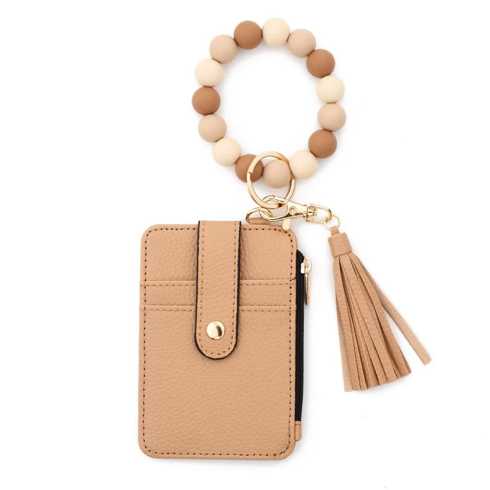 Hemasa Bohemian Style Card Holder Bracelet Keychain Floral Design Faux Leather Beaded Tassel Keychain Tassel Beaded Detail