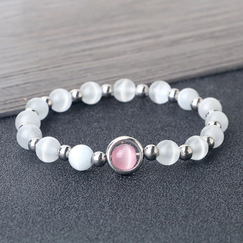 Charm Bracelets 8mm Natural Cat Eye Stone Beads Bangle For Women Men Elastic Rope Wristband Lucky Amulet Vintage Fashion Jewelry