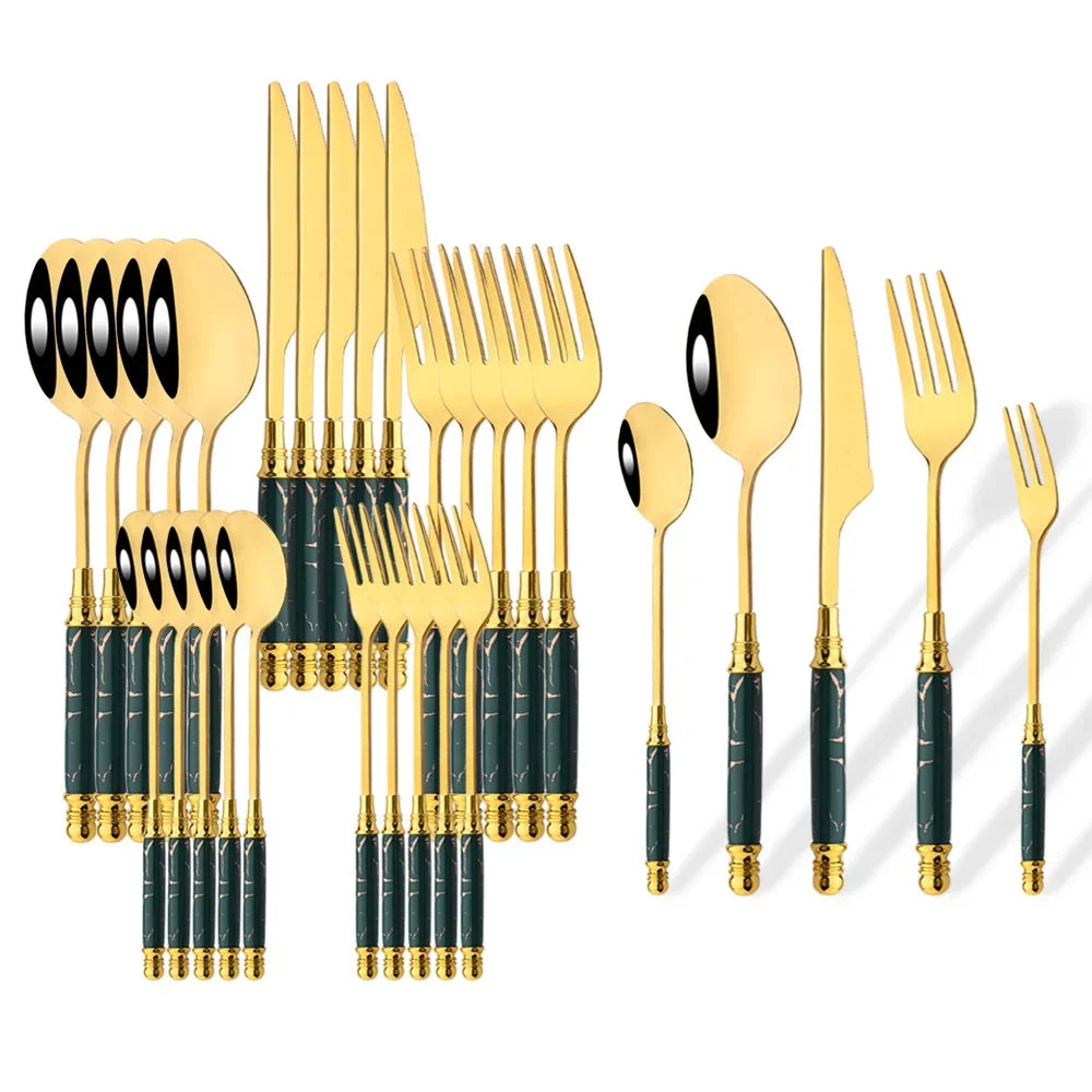 Hemasa 30Pcs   Ceramic Handle Tableware Forks and  Spoons  Knife Set Stainless Steel Dinnerware Cutlery Set