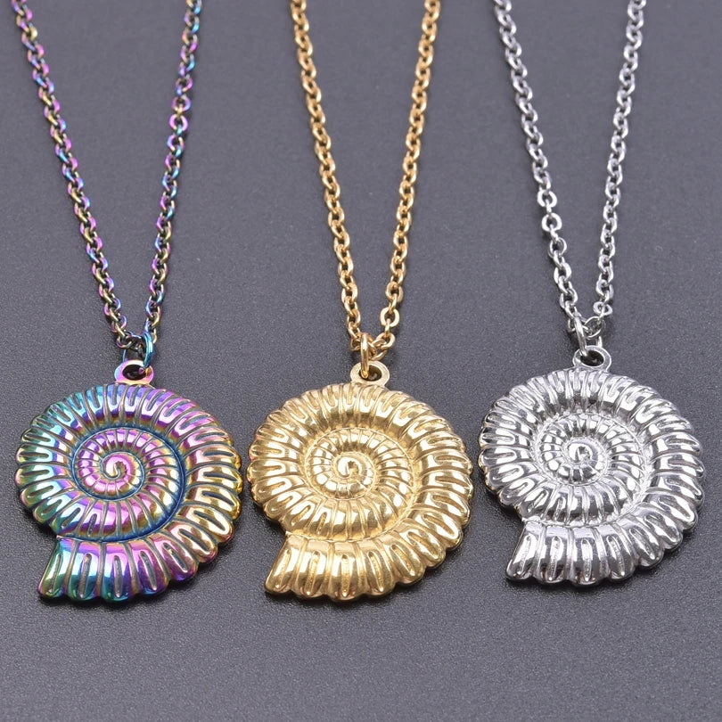 Fashion Conch Round Coil Thread Necklace For Women Stainless Steel Pendant Trendy Rainbow Collar Long Chain Choker  Jewelry