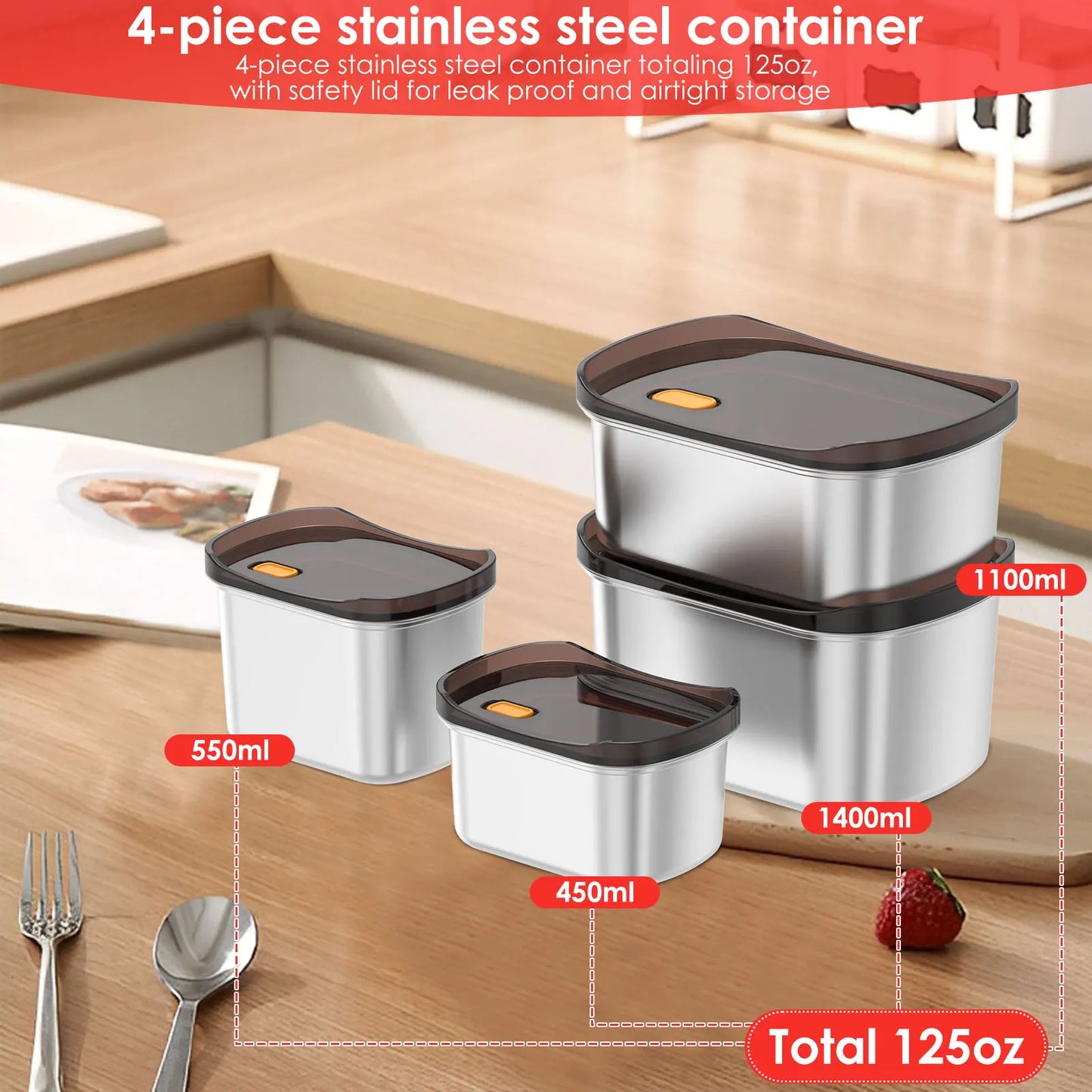 4Pcs Lunch Box Stainless Steel Bento Box Leakproof Pickle Boxes with Lid Refrigerator Food Container for Students Office Workers