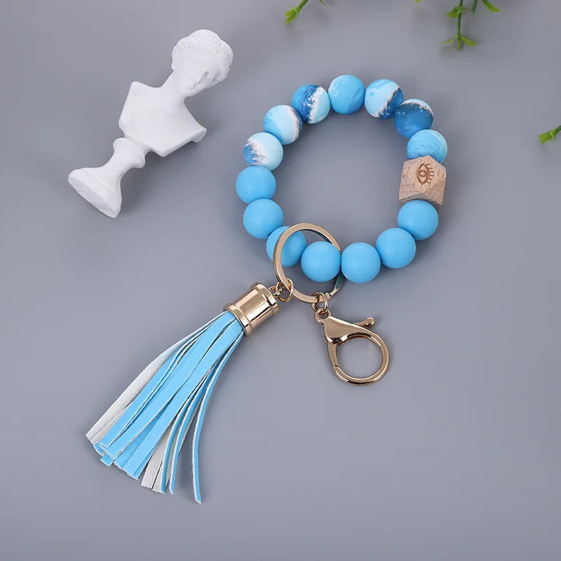 Silicone Keychain For Keys Tassel Wood Beads Bracelet Keyring For Women Multicolor Beads Keychain Fashion Keychain Wholesale
