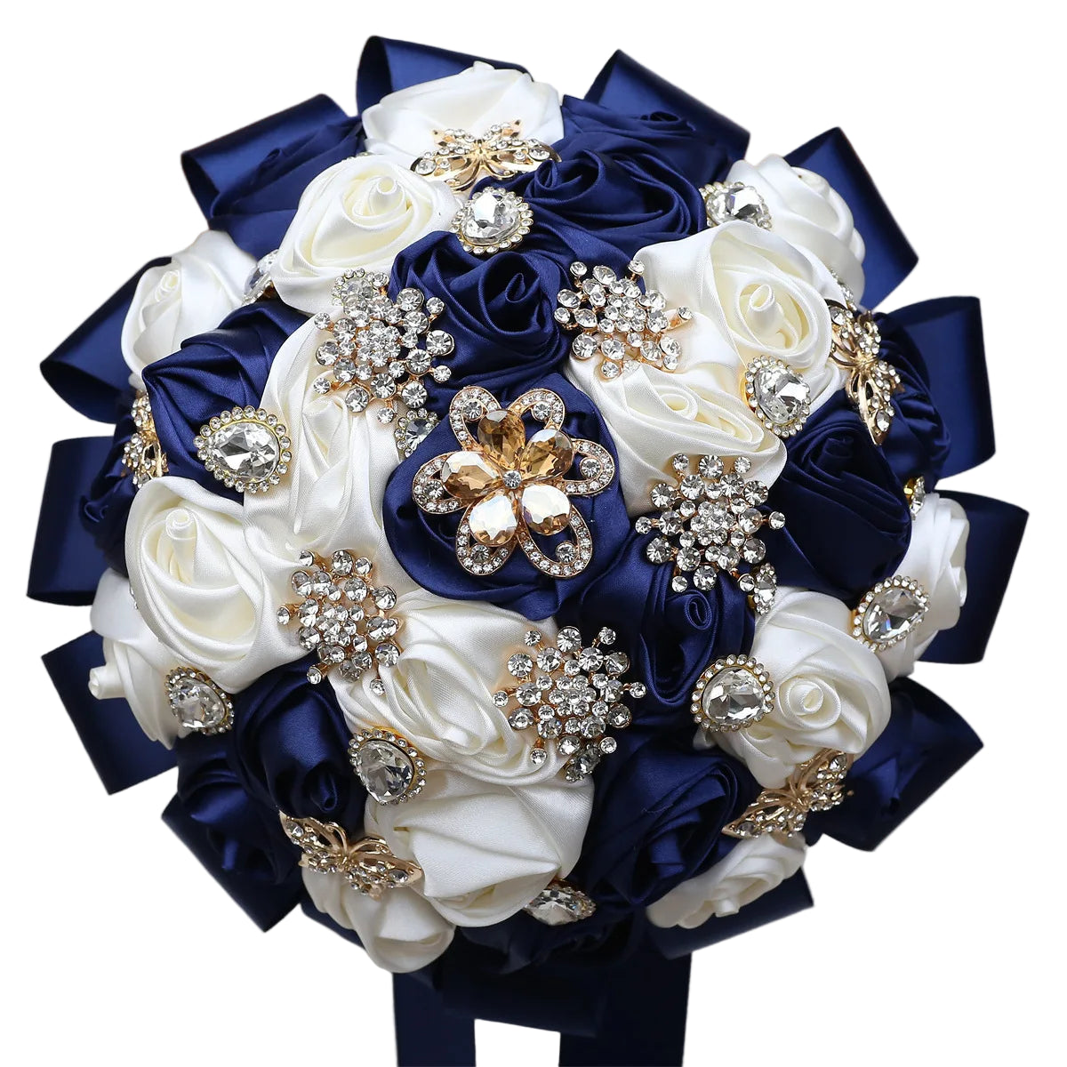 Tejesa Ivory Champagne Bridal Wedding Bouquet with Crystal Artificial Silk Rose Flower Bouquet for Quinceanera Bride Wedding