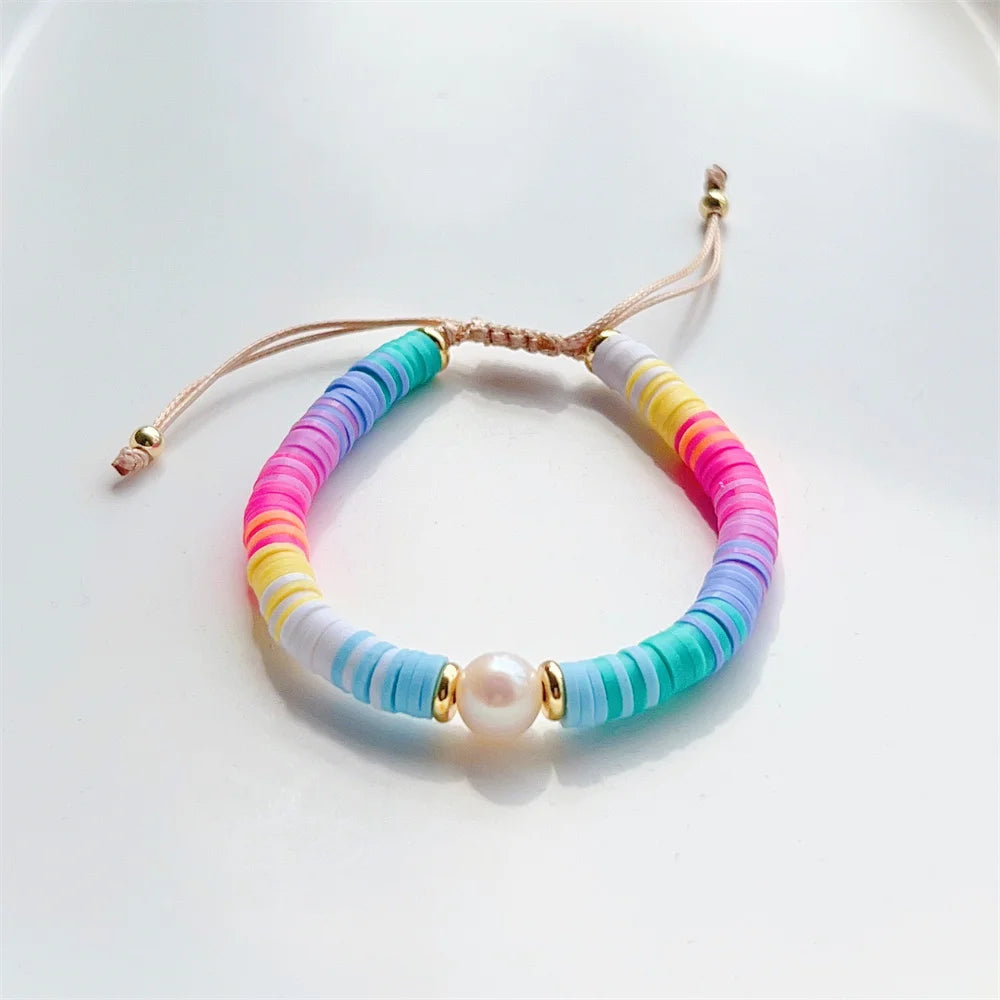 Hemasa Rainbow Heishi Disc Bracelet Natural Pearl Bracelets for Girl Women