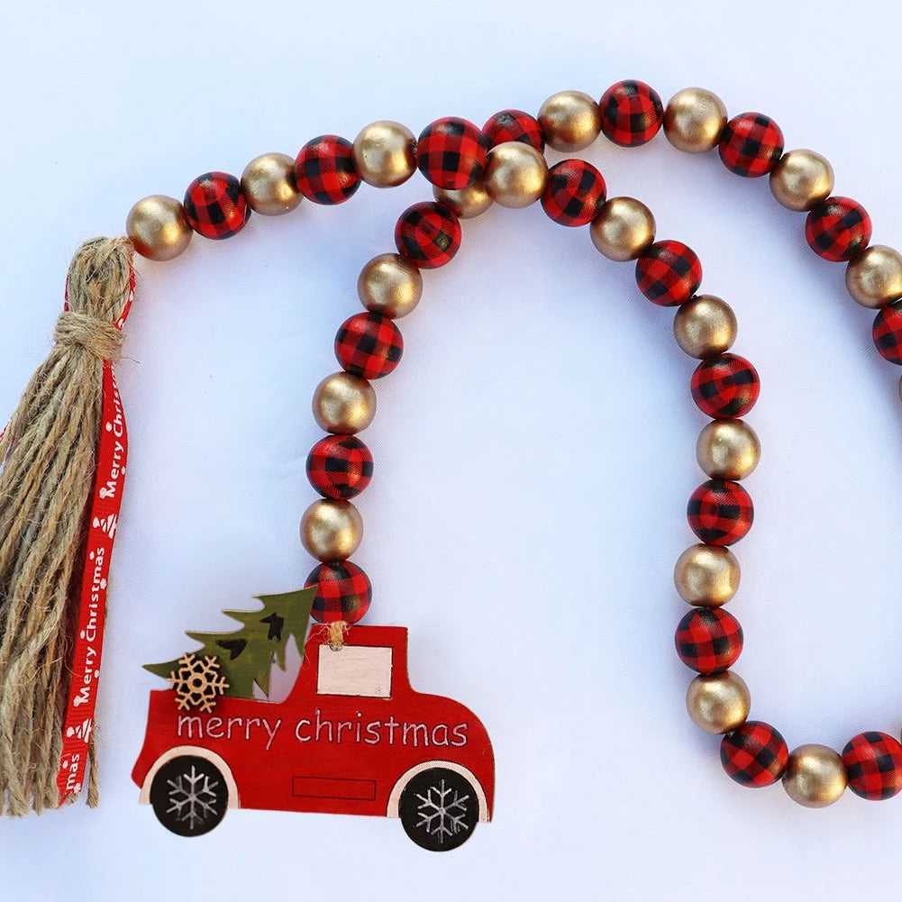 Christmas Wood Bead Garland Decor Bead Christmas Wooden Hanging Farmhouse Ornament Tassels Xmas Tassel Garland Home Rustic Decor