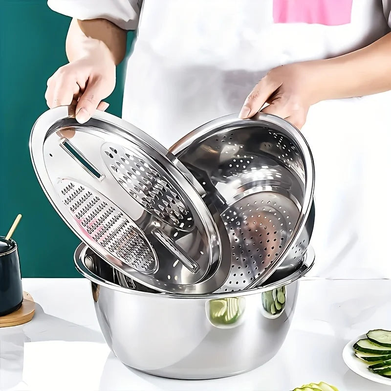 Tejesa 3 in 1  Kitchen Kit with Stainless Steel Multifunctional Mixing Bowl Vegetable Slicer - Suitable for Cleaning and Slicing Fruits