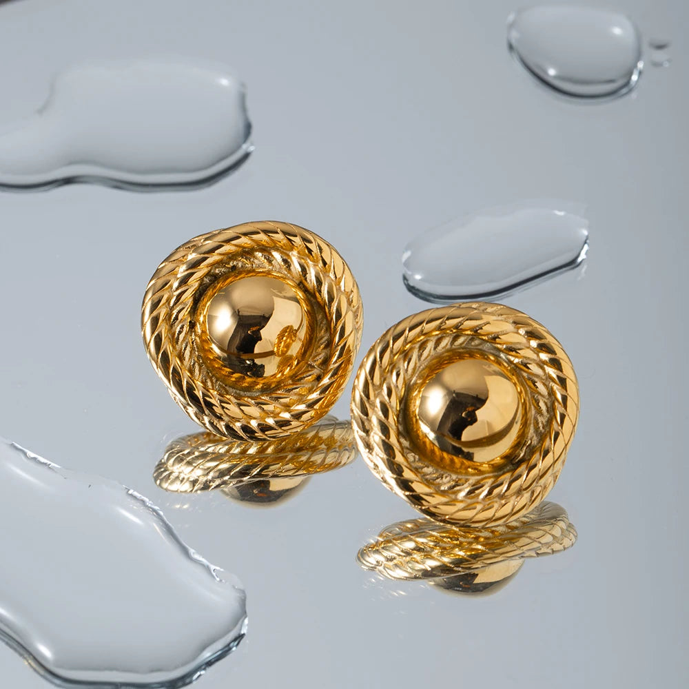Hemasa 18k Gold Color Stainless Steel Thread Texture Tound Earrings
