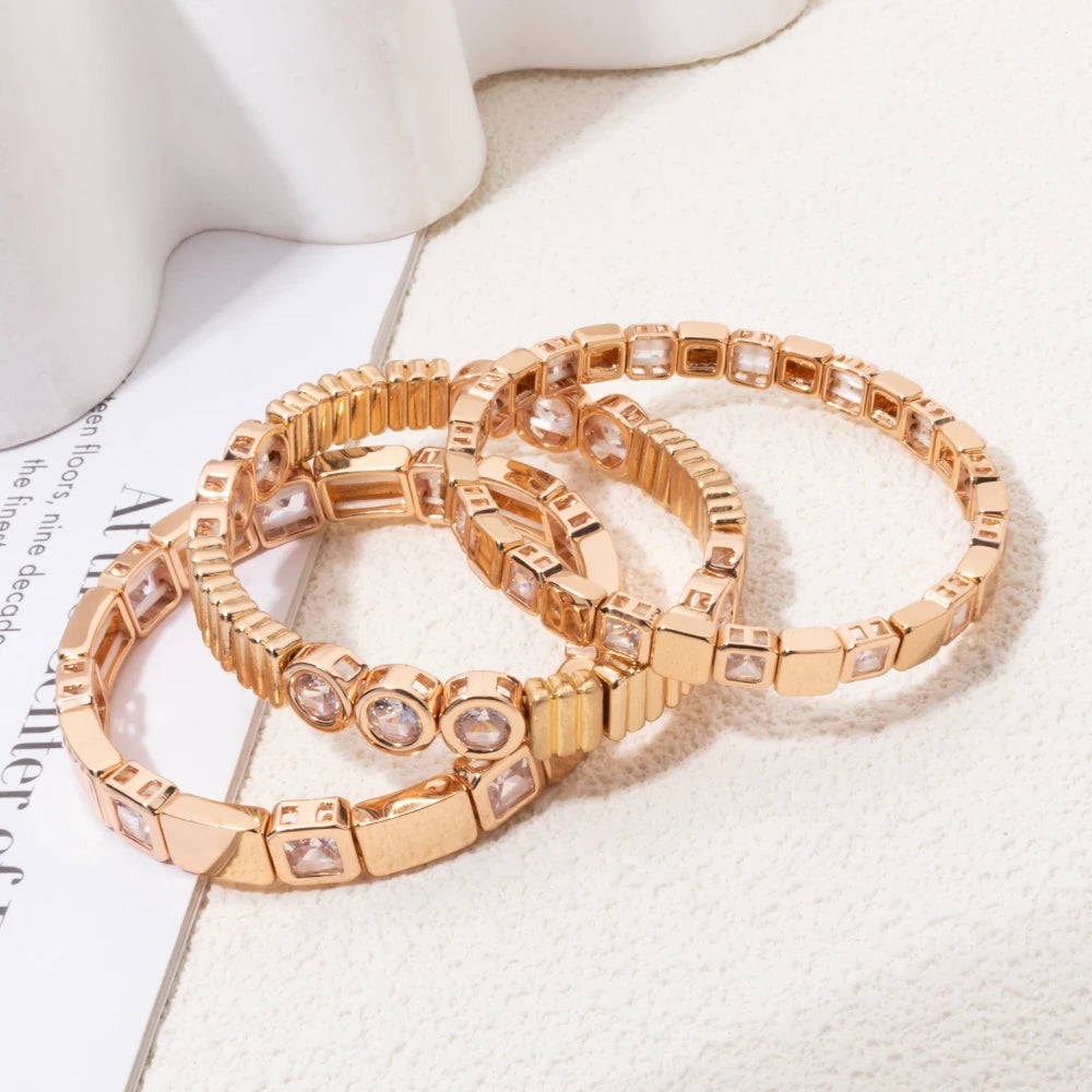Gold Color Zirconia Bracelets For Women Rhinestone Charm Beaded Elastic Bangle