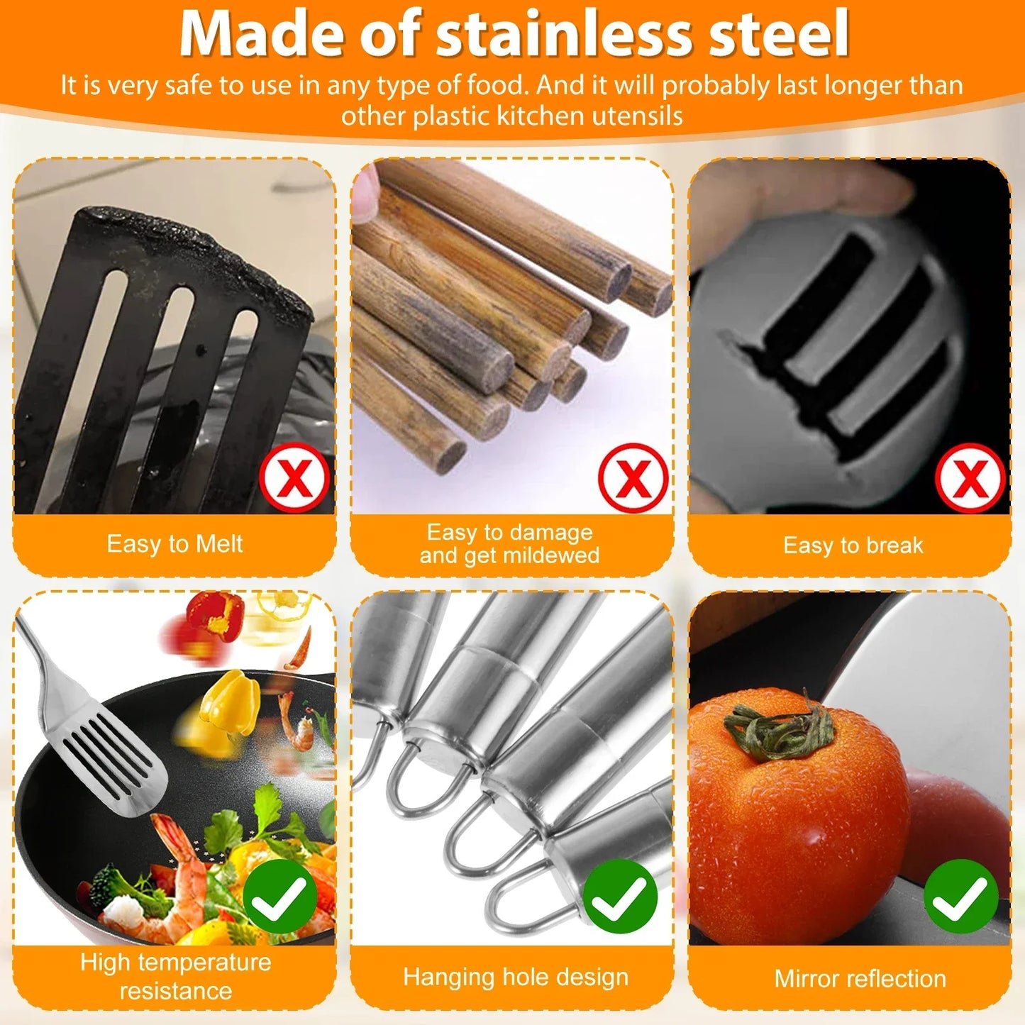 Tejesa 5Pcs Kitchen Cooking Utensils Set Stainless Steel Spoons Spatula Set with Ergonomic Handle Heavy-Duty Washable Spoons Utensils