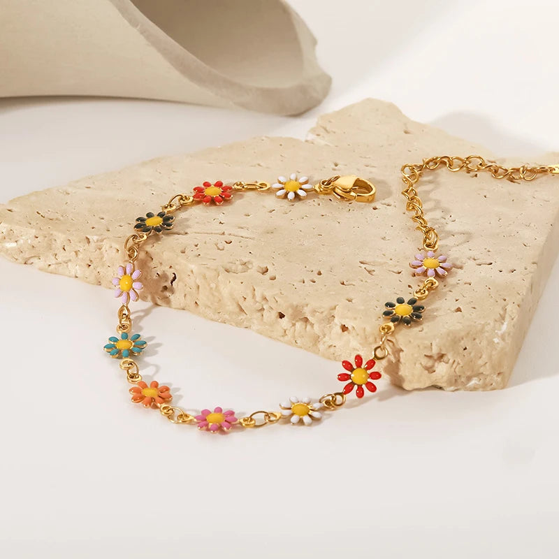 Hemasa Gold Plated  Daisy Flower Stainless Steel  Colorful Bracelets For Women