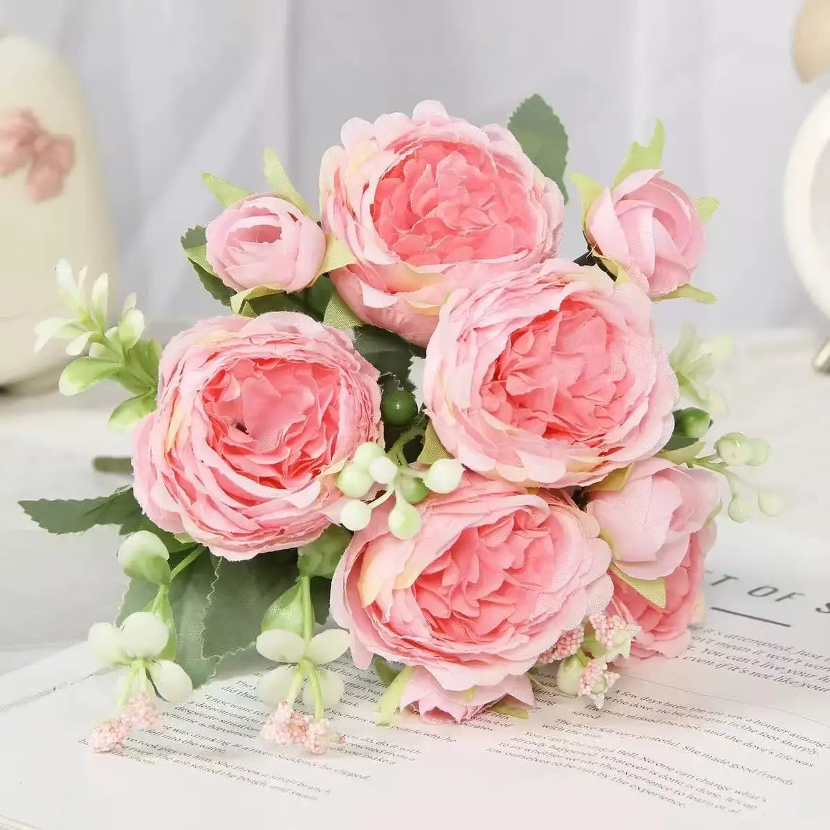 30cm Rose Pink Silk Peony Artificial Flowers Bouquet 5 Big Head and 4 Bud Cheap Fake Flowers for Home Wedding Decoration indoor