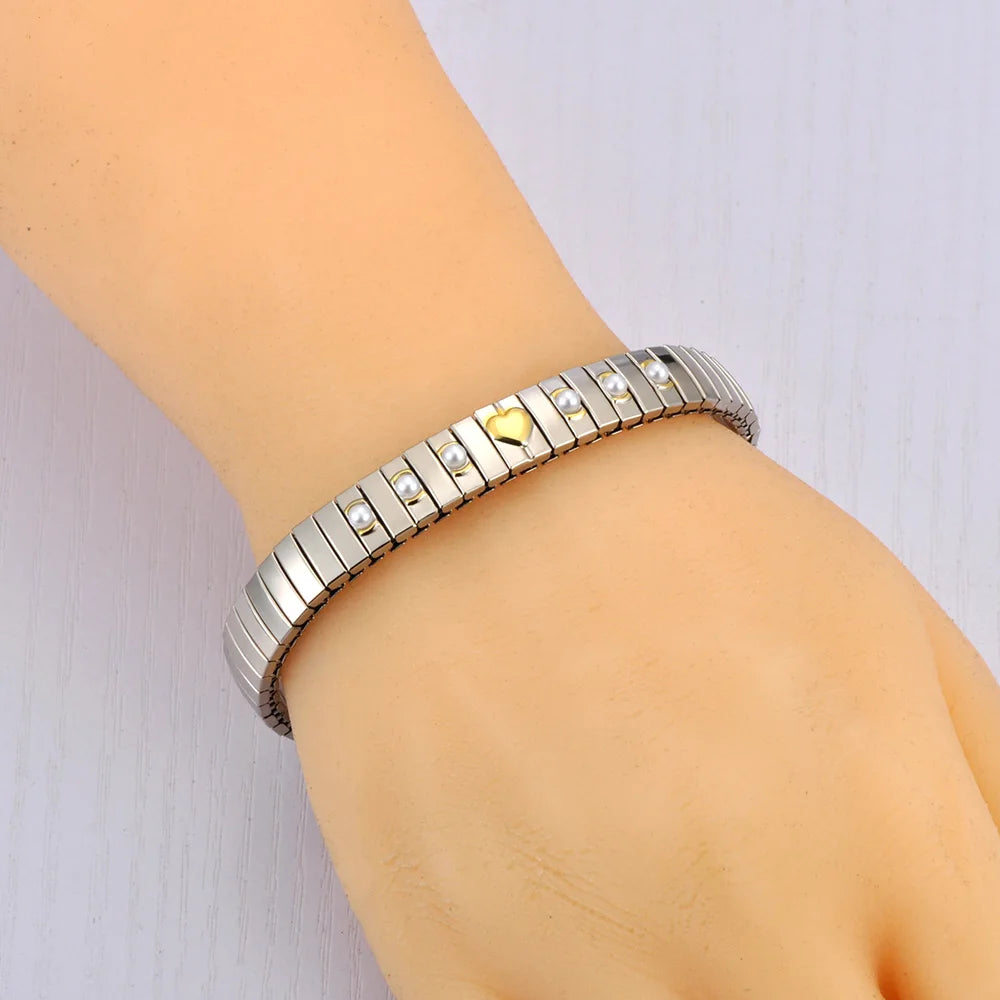 Tejesa Gold Plated Stainless Steel Elasticity Chain Bracelet with Simulated Pearl Heart Design (Color 4)