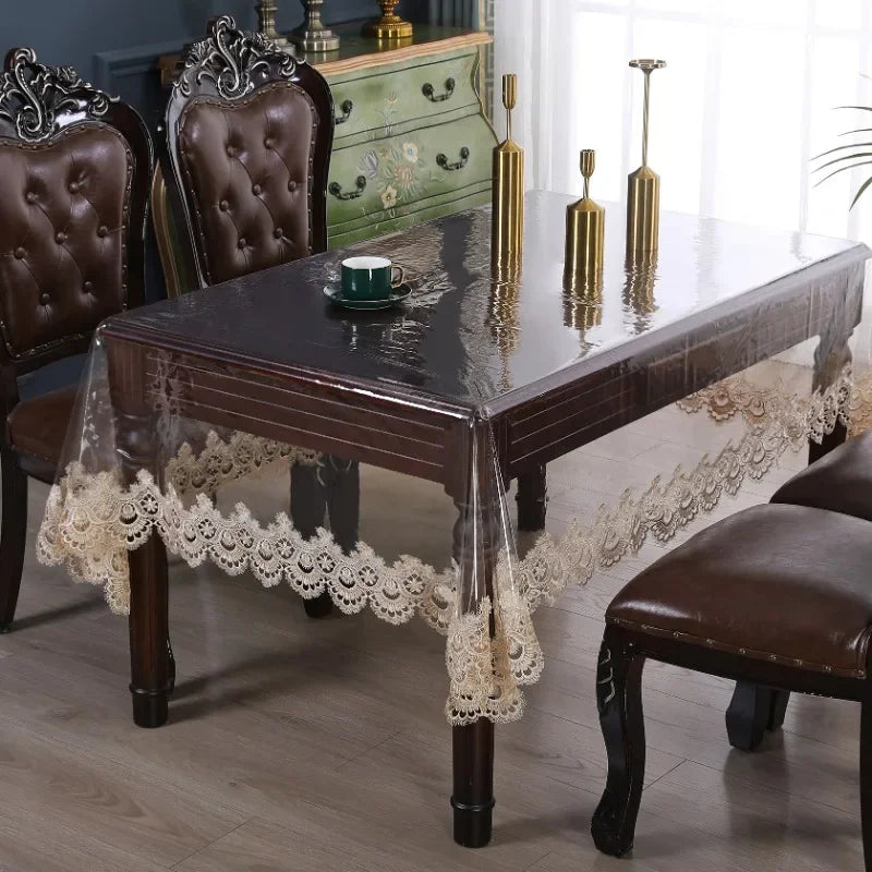 Waterproof Table Cloth PVC Transparent Soft Dining TableCloth Lace Embroidered Oil-proof Table Cover Coffee Table Crystal Plate