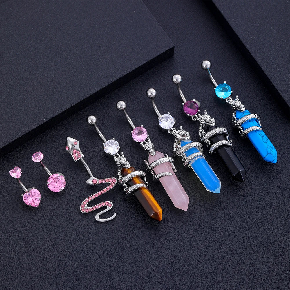 1pc Dragon Butterfly Flower Heart Belly Button Rings Blue Pink Crystals Zircon Dangled Navel Belly Piercing Nombril for Women