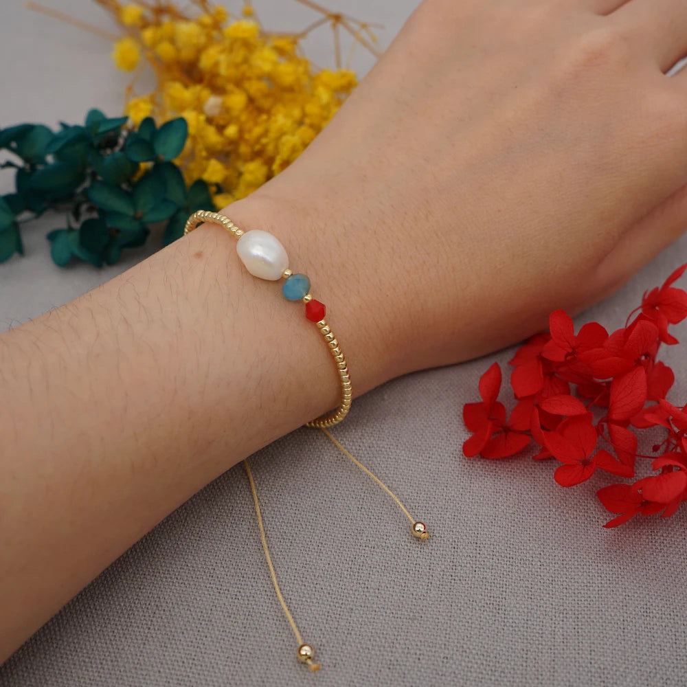 Tejesa  Gold Color Beaded Pulseras Jewelry Adjustable String Perlas Bracelets Simple Freshwater Pearl Bracelets for Women