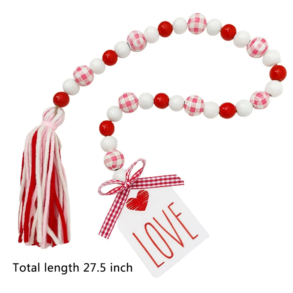 Freeship Sweet Love Wood Beads Garland Valentine’s Day Tiered Tray Decors Beaded Garland with Tassels Heart Shaped Pendant