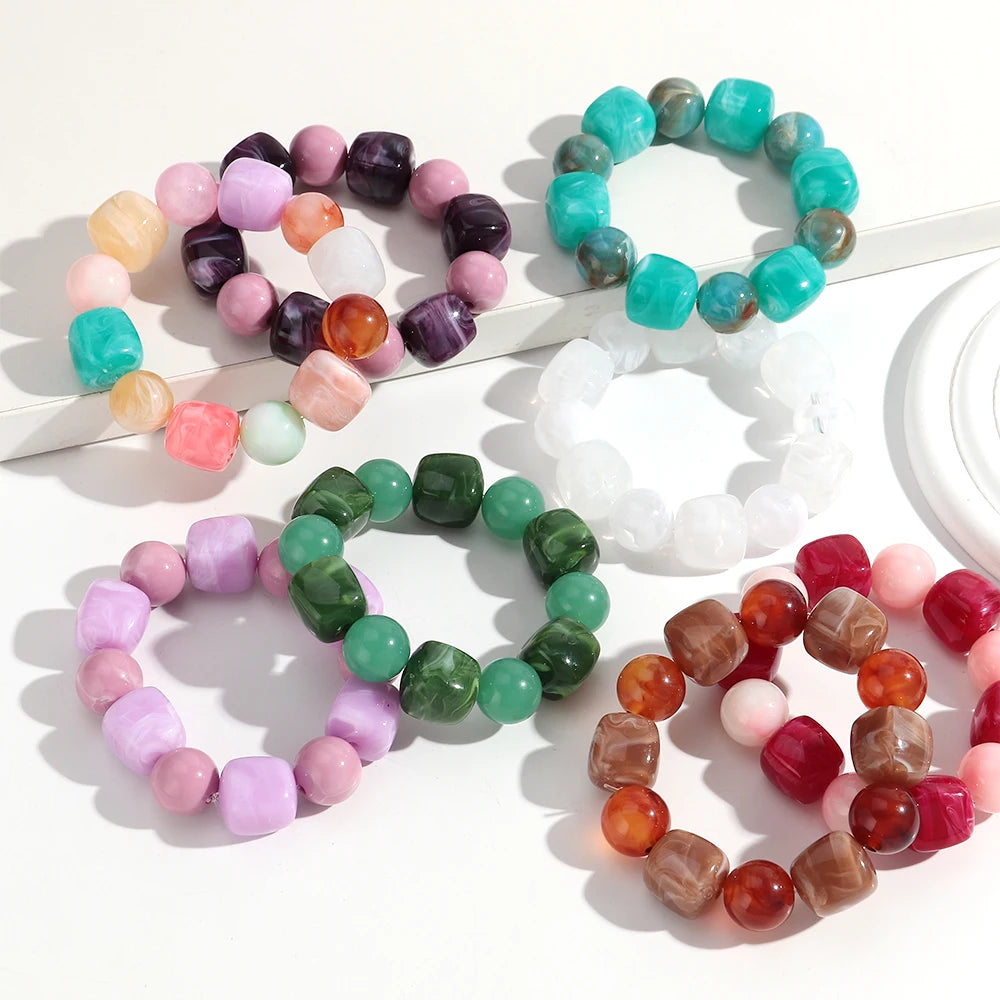 Bohemian Acrylic Geometric Square Round Beads Elastic Bracelets for Women Trendy Resin Beaded Stackable Bracelet Bangle Jewelry