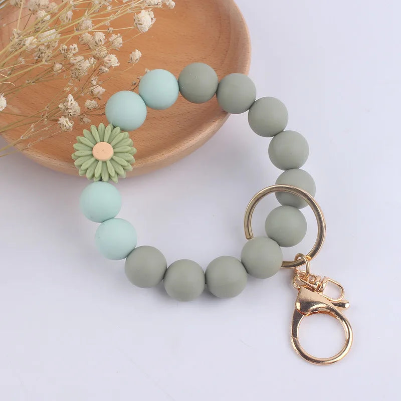 Food Grade Silicone Round Beaded Keychain Fashion Women Wristlet Bracelet Keyring For Anti-Loss Lobster Clasp Keychain Jewelry