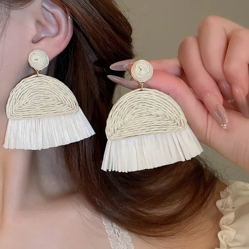 Hemasa Bohemian Straw Woven Water Drop Geometric Earrings for Women Fashion Vintage Holiday Jewelry