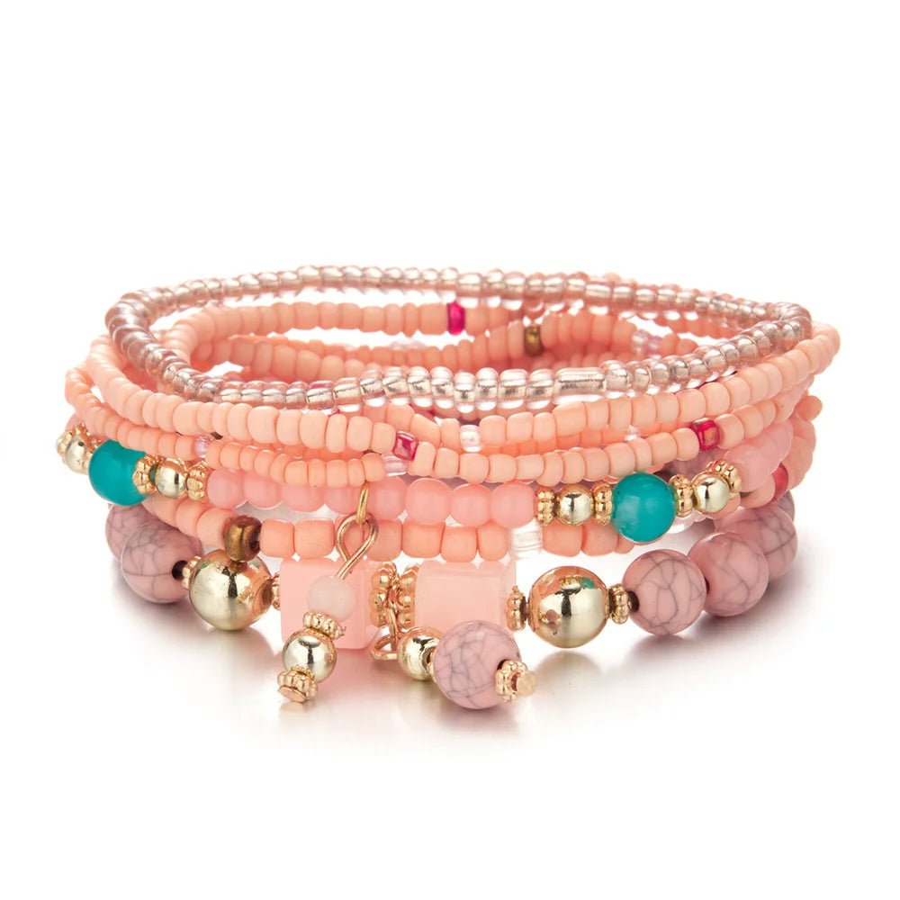 Bohemian Dopamine Colorful Beads Bracelet Set For Women Lady Handmade Elastic Multilayer Bangle Jewelry New Accessories