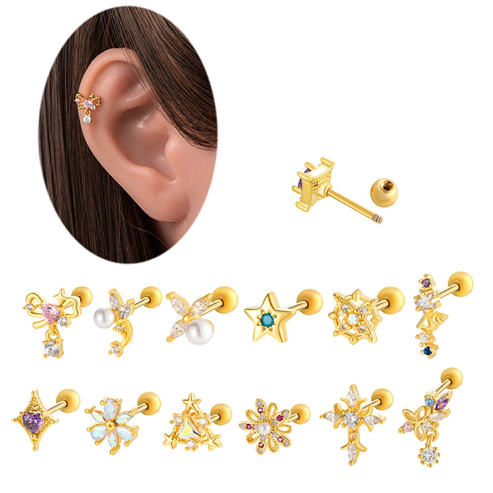 Tejesa Crystal Charm Earrings For Women Inlaid Diamond Pearl Pierce Stud