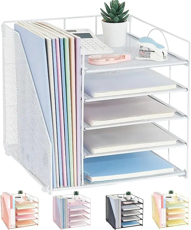 5 - Tier Paper Letter Tray Organizer with File Holder: Office Supplies Desktop Organizer