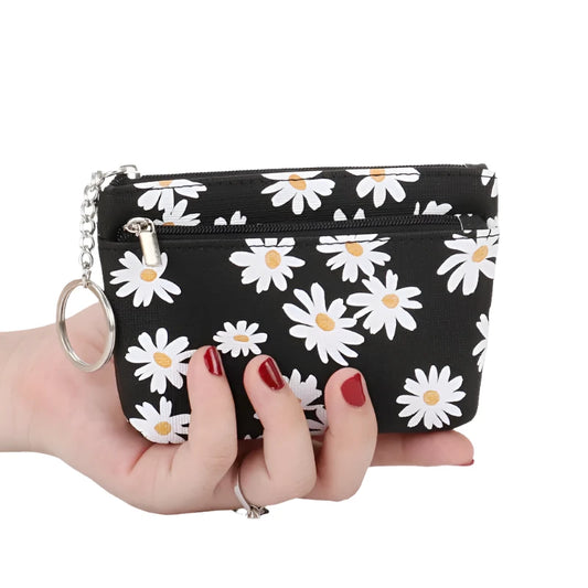 Heamsa Daisy Print Coin Purse Women Mini Wallets Clutch With Zipper Keychain Small Coin Pouch Bag Female Pouch Key Card Holder Wallet