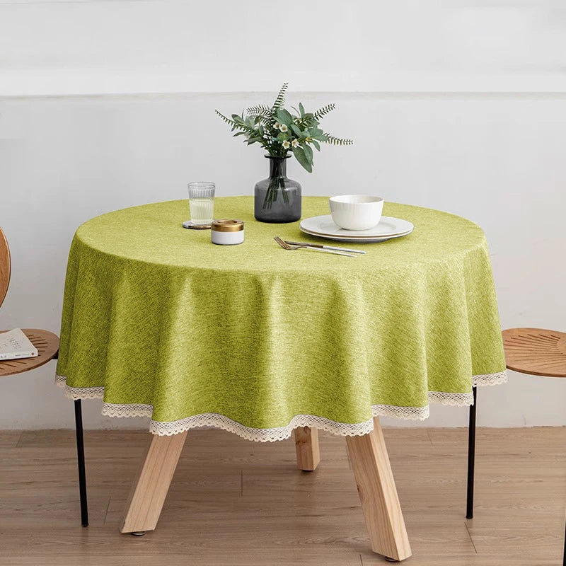 Tejesa Round Solid Color Faux Linen Tablecloth with Lace Trim-Waterproof/Spill Proof/Stain Resistant/Oil Proof-for Banquet,Parties
