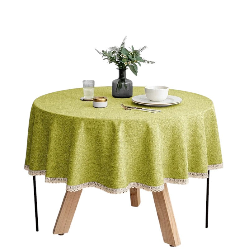 Tejesa Round Solid Color Faux Linen Tablecloth with Lace Trim-Waterproof/Spill Proof/Stain Resistant/Oil Proof-for Banquet,Parties