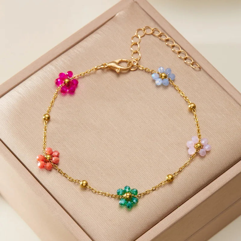 Hemasa  Colorful Crystal Flower Bracelet For Women/ Girls  /Korean Sweet Cute Gold Color Bracelets Best Friend Jewelry Gifts
