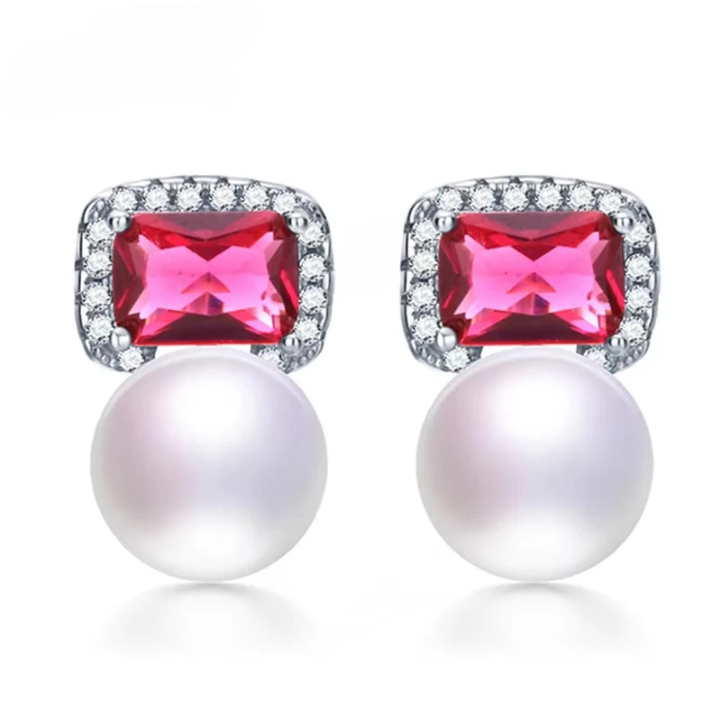 High Quality Red Zircon 925 Sterling Silver Earrings Jewelry 100% Genuine Natural Freshwater Pearl Stud Earrings for Women
